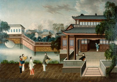 Figuren die een herenhuis aan de rivier naderen, c.1800 door School Chinese