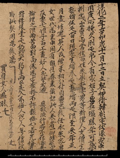 Contract gedateerd op 20 december 991 waarin een slavin wordt geruild voor een schuld van zijde door School Chinese