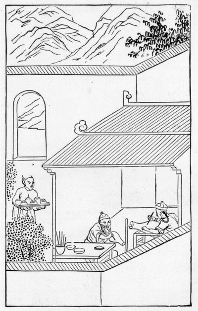 Schilderij van blauwe bloemen op vazen, uit een serie illustraties over de vervaardiging van porselein (litho) door School Chinese