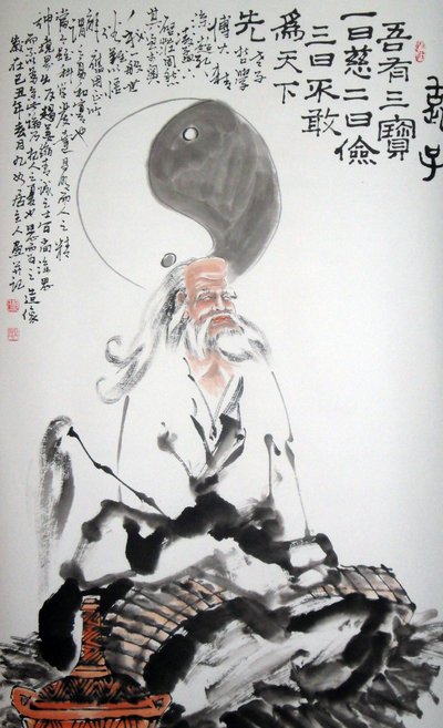 Portret van Lao Tse (Lao-Tse of Lao-Tseu, Lao Tseu bijgenaamd ""oude kind"" of ""meester Lao""), Chinese filosoof die in de 6e eeuw v.Chr. zou hebben geleefd. Inkttekening op papier anoniem Privécollectie door School Chinese