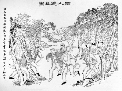 Opstand van de Boxers: De Europeanen vluchten voor de Boxers. Illustratie gepubliceerd in de Shanghai Toung-Ouen-Hou-Pao krant. Ca. 1899. door School Chinese