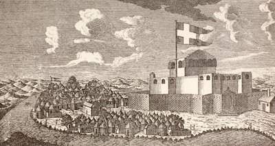 Deens koloniaal fort Fredensborg, Ningo, Ghana zoals het was in 1760, uit 