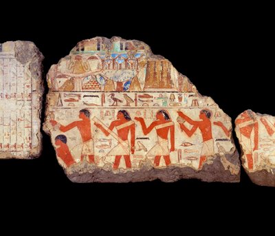 Oude Egyptische kunst: Schilderijen van de mastaba van Metchetchi: rituele priesters muurschildering, 6e dynastie (ca. 2350-2200) door School Egyptian