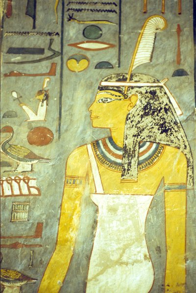 Oud Egypte, gravure/schildering, graf van Ramses I, Thebe, de godin Maat, godin van waarheid en gerechtigheid, met struisvogelveer door School Egyptian