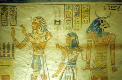 Oud Egypte, schilderij/gravure, Amon hir Khopshef graf, Rameses III met zijn zoon Amon-Hir die een standaard draagt door School Egyptian