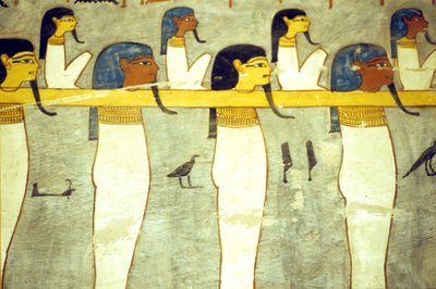 Oude Egypte, schilderij, Goden van de onderwereld vastgebonden aan Hathor, goddelijke koe, die de zonnebark sleept, Tombe van Ramses I, Thebe door School Egyptian