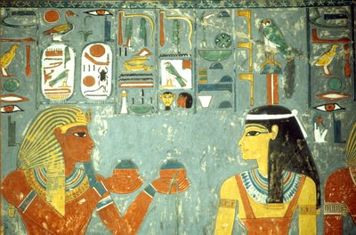 Oud Egypte, schilderij, Horemheb biedt zalven aan Hathor, Horemheb-tombe, Thebe door School Egyptian