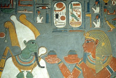 Oud Egypte, Schilderij, Horemheb biedt zalven aan Osiris aan, Horemheb graf, Thebe door School Egyptian