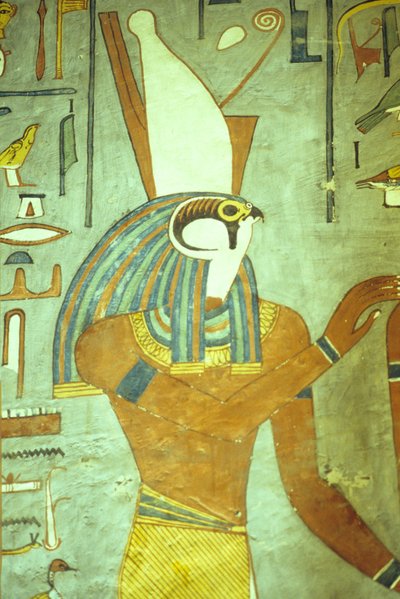 Oude Egypte, Schilderij, Horus, valkenkop God, God van de koningen, Graf van Ramses I, Thebe door School Egyptian