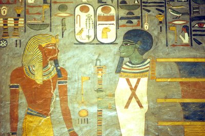 Oud Egypte, schildering, Ramses I voor Ptah, achter wie een djed-zuil staat, graf van Ramses I, Thebe door School Egyptian
