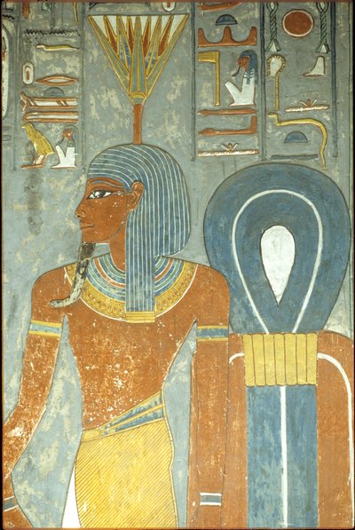 Oud Egypte, Schilderij, Graf van Horemheb, Thebe 18e dynastie, God Nefertum en Knoop van Isis, Nefertum of Nefertem met een waterlelie of lotus hoofdtooi (foto) door School Egyptian