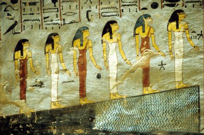 Oud Egypte, schilderij, graf van Ramses I, Thebe, zes godinnen die de eerste zes uren van de nacht vertegenwoordigen, een berg beklimmend waaronder een vijver ligt door School Egyptian