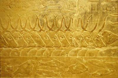 Oud Egypte, Muur gravure/schildering, Mastaba/Graf van Idout, Saqqara, 2323-2150 v.Chr., Vee steekt een rivier over door School Egyptian