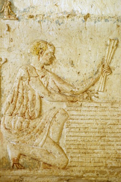 Oud Egypte, Muurgravure/schildering, Graf van Petosiris, Tuna el Gebel, 300 v.Chr., De vlasoogst (foto) door School Egyptian
