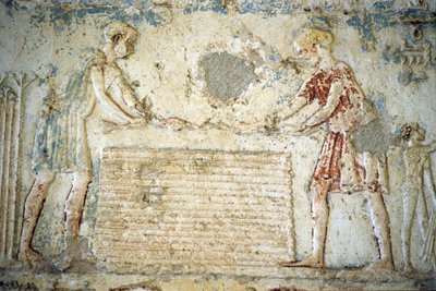 Oud Egypte, muursnede/schildering, Graf van Petosiris, Tuna el Gebel, 300 v.Chr., De vlasoogst door School Egyptian