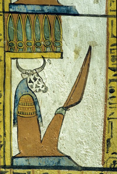 Oude Egypte, muurschildering, Koe-hoofdige God van de onderwereld, Tombe van Sennedjem, Thebe, Deir el Medina door School Egyptian