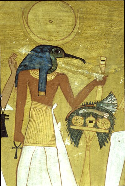 Oude Egypte, muurschildering, Tombe van Inherkhau, Thebe, God Thoth introduceert de overledene aan Osiris, 20e dynastie, Ibis-hoofdige God met maanschijf door School Egyptian