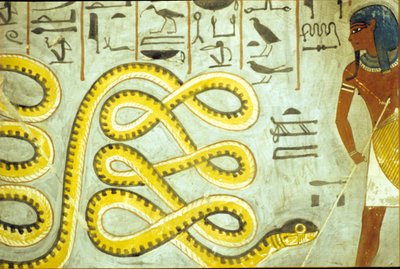 Oud Egypte, Muurschildering, Graf van Ramses I, Vallei der Koningen, Ramses I die de slangengod van de onderwereld doodt door School Egyptian