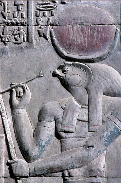Oude Egypte, Muur schildering/gravure, Horus schrijft op papyrusrol, Tempel van Sebek en Horus, Kom Ombo door School Egyptian