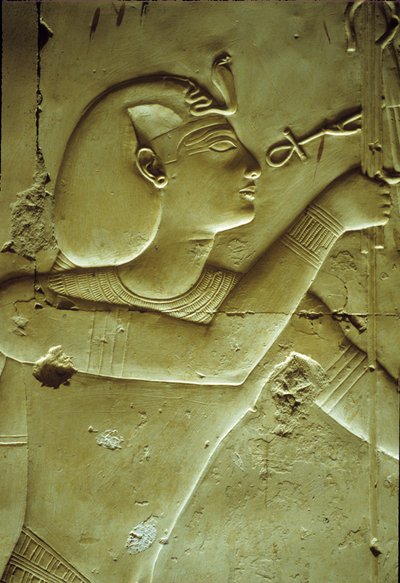 Oud Egypte, Muur schildering/gravure, Seti I ontvangt leven, gesymboliseerd door de ankh, Tempel van Seti I, Abydos door School Egyptian