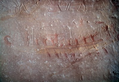 Oud Egypte: kalkstenen reliëf dat een kano voorstelt uit de kapel van Mastaba in Akhethetep, rond 2300 v.Chr. 5e dynastie. Oude rijk. Uit Saqqara. Louvre Museum, Parijs door School Egyptian