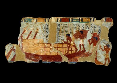 Oude Egyptische kunst: het laden van graan op een boot schilderij op slib uit het graf van Ounou (1450 v.Chr.) door School Egyptian