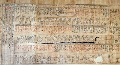 Egyptische oudheid: Papyrus uit het Boek van Geheime Huizen. Dit boek is een becommentarieerde weergave van de ondergrondse reis van de zon tijdens de twaalf uren van de nacht. Eerst getekend op de muren van de koninklijke graven, werd het daarna overgesch door School Egyptian