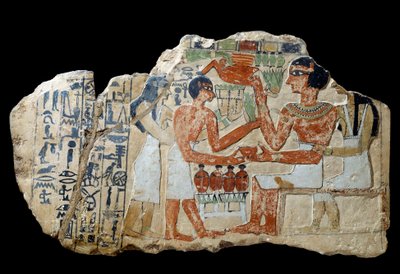 Egyptische oudheid: Iri stèle in kalksteen. Een paar dat een offer brengt. Eerste tussenperiode (2200-2033 v.Chr.) Zon. 0,3x0,52 m Parijs, Louvre museum door School Egyptian