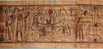 Egyptische oudheid allegorie van het kosmos: mythologisch papyrus van Neskapashouty, boekhoudschrijver van granen die kosmogonie voorstelt, met Geb, Nout, Nephtys, Osiris. 1070-664 v.Chr. 21e dynastie. Parijs, Louvre Museum door School Egyptian