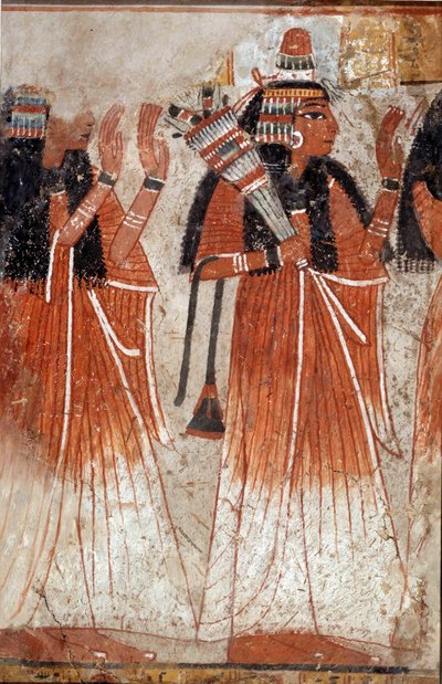 Egyptische oudheid: fragment van muurschildering uit het graf van Niay dat een optocht van familieleden van de overledene toont. Van de site van Dra Aboul Naga. 19e dynastie (1295-1186 v.Chr.) door School Egyptian