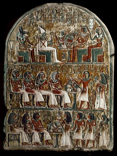 Egyptische oudheid: stele van Irynefer, bovenaan de goden Osiris en Anubis tegenover Amenophis I en Ahmes Nefertari; in het midden Irynefer, zijn vrouw Mehytkhaty en hun dochter Hathor brengen het grafoffer aan hun ouders, onderaan Hathor volwassen door School Egyptian
