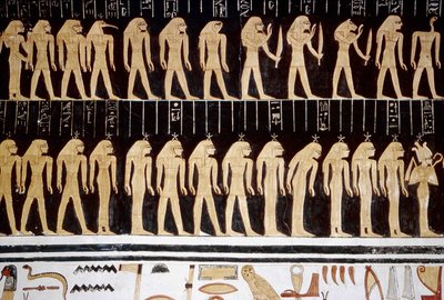 Luxor, Thebe: Vallei der Koningen, tekening van god en godin op de binnenmuur van een tempel. door School Egyptian