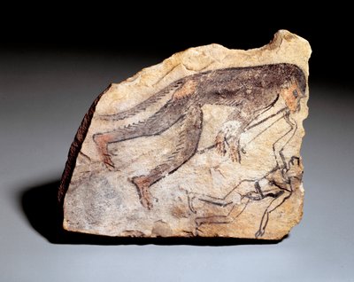 Ostrakon figuur: aap speelt dubbele fluit (aulos) om een man te laten dansen. Van de site van Deir el-Medineh (kalksteen, ca. 1295-1186) door School Egyptian