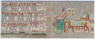 Thebe, Medynet-Abu: gekleurd bas-reliëf, uitgehouwen in de zuidelijke galerij van de peristijl van het paleis - in 