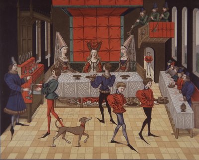 Middeleeuwse aristocratische dames krijgen diner geserveerd, 15e eeuw door School English