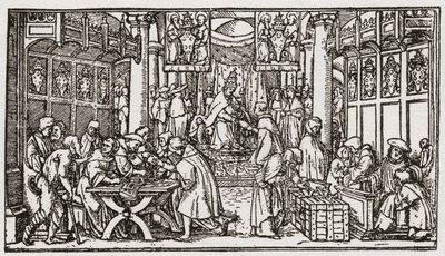 Een verkoop van aflaten tijdens de Tudorperiode in Engeland (gravure) door School English
