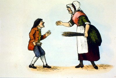 Een kind wordt gestraft op een Dames school, illustratie uit een geschiedenis van het hoornboek door School English