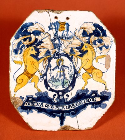 Apothekerstegel met het wapen en motto van de Worshipful Society of Apothecaries of London (keramiek) door School English