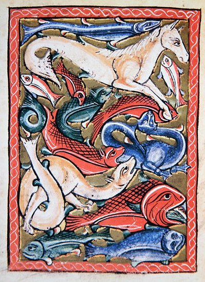 Vissen en zeedieren, facsimile van een 12e-eeuwse manuscript miniatuur door School English