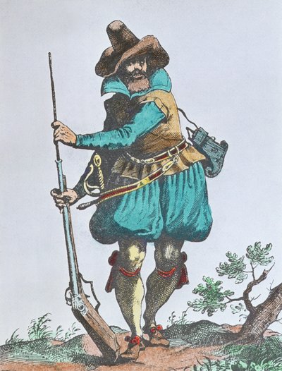 Duitse soldaat uit het begin van de 17e eeuw, gewapend met lontslotmusket door School English