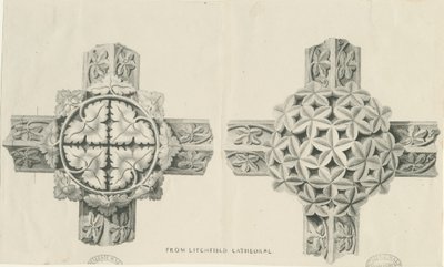 Interieur van de Lichfield Cathedral - Gesneden loofwerk: lithografie, nd [?19e eeuw] door School English