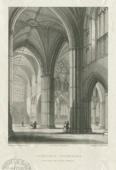 Interieur van de Lichfield Cathedral - Kruising vanuit het noordtransept: gravure, nd [midden 19e eeuw] door School English