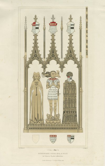 Interieur van Okeover Church - Monument voor Humphrey Oker (gravure) door School English
