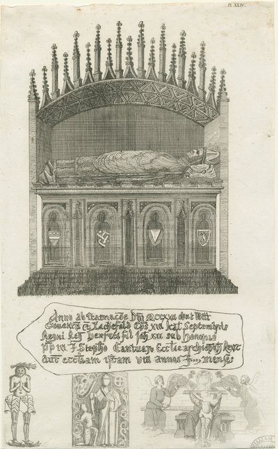 Lichfield Cathedral - Graf van de bisschop [?Bisschop Cornhill]: ets, nd [?eind 18e eeuw] door School English