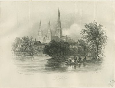 Lichfield Cathedral - Zuidwestaanzicht: gravure (vignet), nd [ca. 1842] door School English