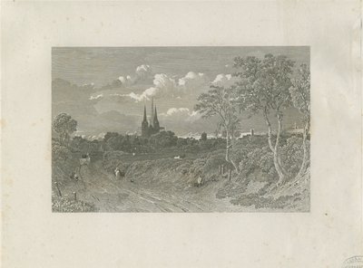 Lichfield Cathedral - Westaanzicht (veraf): gravure, nd [?18e eeuw] door School English