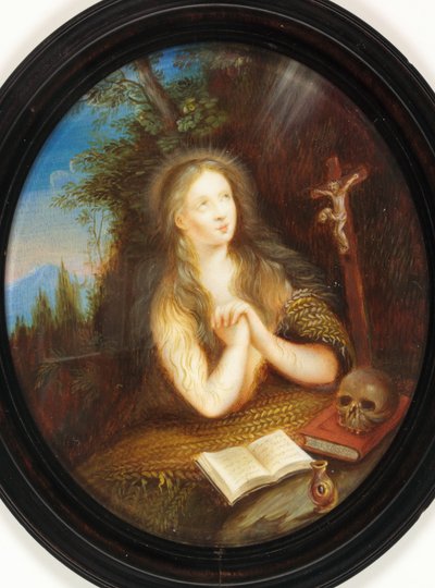 Maria Magdalena leunend tegen een oever, haar ogen gericht op een crucifix door School English