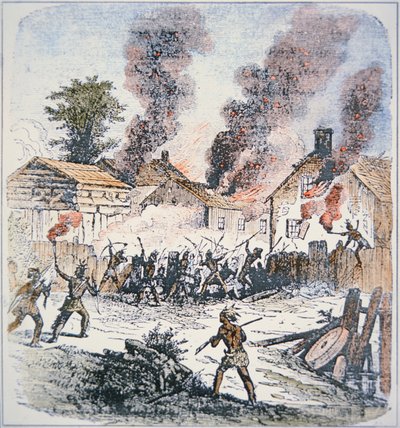 Nipmuc Indianen vallen de nederzetting van Brookfield, Massachusetts aan in augustus 1675 door School English