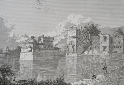 Paleis van Ranee Bheem en Pudmundi in Cheetore (Chitor, Udaipur Staat) (gravure) door School English