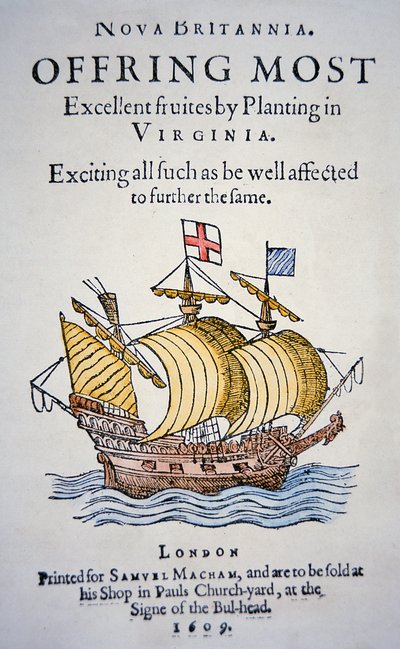 Pamflet dat kolonisten aanmoedigt om naar Virginia in Amerika te gaan, gepubliceerd in 1609 door School English